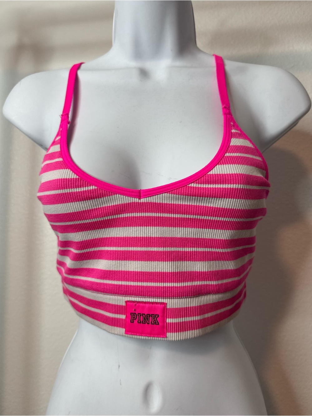 PINK Victoria's Secret Ribbed Striped Bralette Hot Pink Cream Active Medium